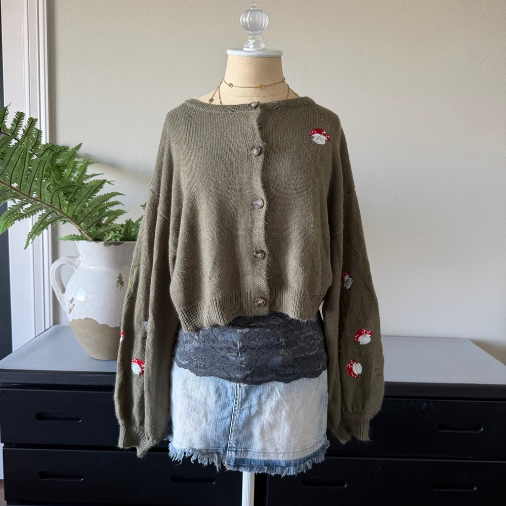 Olive Green Mushroom Embroidered Cozy Cardigan – S/M Waist Length